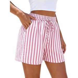 Pantalones cortos de verano con cintura elástica para mujer, pantalones de pijama de algodón a rayas blancas y rosas con bolsillos, ropa para vacaciones en la playa - Product Image 1