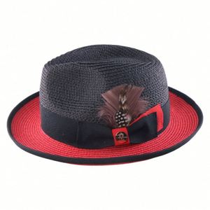 2025 Summer Black <b>Red</b> Two Tone <b>Paper</b> Straw Fedora Hats with Feather - Product Image 3
