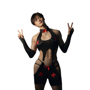 Disfraz de enfermera sexy negro para hombre, uniforme de cosplay, body transparente para cross-dressing CD - Product Image 5