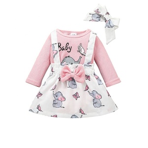 Ensemble <span class=keywords><strong>de</strong></span> vêtements pour fille, 3 pièces, barboteuse éléphant en dessin animé, jupe à bretelles imprimée, bandeau, nouvelle collection printemps-automne 2021 - Product Image 1