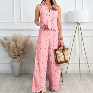 Summer French Heavy Embroidery Hollow V-neck Vest Top Wide-leg Straight <b>Pants</b> Women's 2-piece Set Fashion - Product Image 2