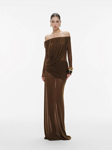 Vestido Largo Elegante de Moda con Hombros Descubiertos, Manga Larga, Malla Elástica, Plisado y Estilizador para Mujer - Product Image 1