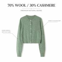Cardigan en laine (70%) et cachemire (30%) pour femme, à manches longues, col rond côtelé, tricot doux, chaud pour l'hiver, avec boutons nacrés
