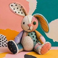 Peluche Lapin Patchwork Personnalisée, Lapin en Tissu Multicolore Cousu pour Décoration Artistique Vintage & Boutique de Cadeaux Faits Main