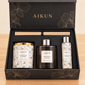 Aikun Gardenia Blooms Amber Glass Gold Lid Aroma Diffuser Set with Candle Room Spray Wood Reeds Gift Packaging for Home Decor - Product Image 3