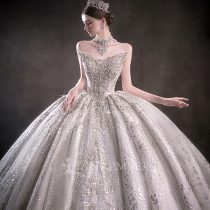 LSHT098 Glitter Strapless Beaded Puffy Ivory Wedding Long Train <b>Gown</b> For <b>Bride</b> - Product Image 3
