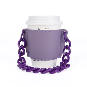 Pochette de tasse à thé en cuir avec poignée en chaîne, porte-tasse à thé à bulles, couvercle de manchon de tasse à café