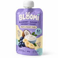 Pochette à bec verseur personnalisée, refermable et réutilisable pour aliments pour bébés, 120g, purée de myrtille, banane et yaourt à la noix de coco