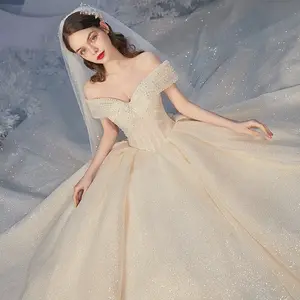 JM010 robe de mariée française à épaule dénudée, un mot, taille haute, Champagne, grand Train, robe de bal, 2023