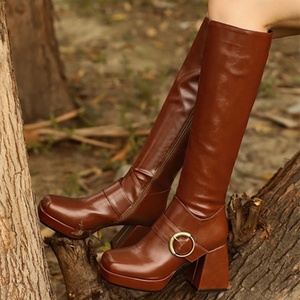 Buckle Square Toe Block High Heel Shoes Women <b>Boots</b> Zipper Big Size 43 Autumn Winter Elegant Lady's Knee High <b>Boots</b> - Product Image 6