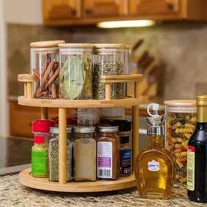 Wooden <b>Spice</b> Rack Double Layer Rotating Storage Organizer With Airtight <b>Jars</b> For Kitchen Countertop Use - Product Image 3