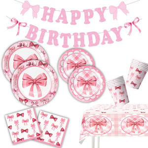 Decorações de Aniversário com Laço Rosa, Utensílios de Festa, Pratos, Guardanapos e Copos para Meninas em Aniversário Rosa e Decorações de Festa de Despedida de Solteira - Product Image 1