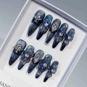 Uñas Postizas de Lujo con Purpurina Líquida, Hechas a Mano, con Diseño Romántico y Brillante, Flores 3D, Uñas Artificiales Delicadas en <span class=keywords><strong>Rosa</strong></span> y Azul - Product Image 4