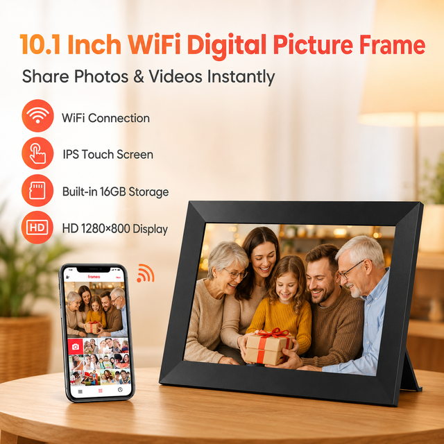 10.1 Inch WiFi Digital Picture Frame IPS Touch Screen 1280x800 HD Smart Photo Frame with Frameo App 16GB Storage
