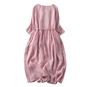 2023 Summer Artistic Vintage Neck Double-Layer <strong>Ethereal</strong> Lace-Up Loose Waist Mid-Length Travel Vacation <strong>Dress</strong> Women's Thin Pocket - Product Image 5