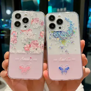 Capa floral INS Coreano Borboleta rosa para iPhone 11 12 13 14 Pro Max 7 8 Plus XS XR X SE2022