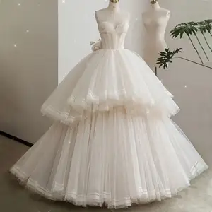 ตาข่ายสวยหรู Tulle ไข่มุกชุดแต่งงานเจ้าสาวแฮนด์เมดเก๋3D ดอกไม้เจ้าสาวชุดแต่งงาน