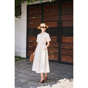 Vestido Midi Elegante para Mujer con Botones Delanteros, Corte en A, VIVI KA, Casual, Tejido Sólido, Mezcla de Microfibra, Cintura Alta, Disponible en Stock - Product Image 1