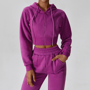 Vente en gros de vêtements de <span class=keywords><strong>sport</strong></span> pour femmes avec fermeture éclair complète, <span class=keywords><strong>manteau</strong></span> de gym épais et <span class=keywords><strong>chaud</strong></span>, sweats courts à capuche en molleton - Product Image 6