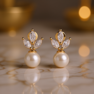 Orecchini a perno placcati oro con perle e design floreale in cristallo taglio marquise per donna, gioielli classici raffinati da matrimonio - Product Image 2