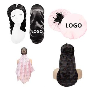 High Quality Women Polyester Custom Logo Printed Color Single/Double Layer Elastic Band <b>Bonnet</b> <b>Bonnets</b> and Satin <b>Hair</b> Wraps Bag - Product Image 1