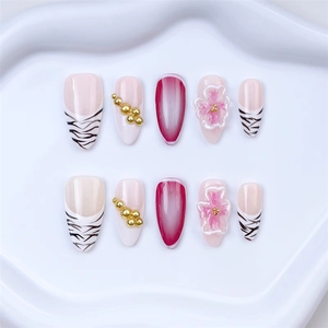 Nuevas <span class=keywords><strong>Uñas</strong></span> Postizas Personalizadas 3D con Diseño <span class=keywords><strong>de</strong></span> Rayas <span class=keywords><strong>de</strong></span> Zebra Rosas Francesas, 100% Hechas a Mano, <span class=keywords><strong>Uñas</strong></span> Artificiales al por Mayor con Pegamento - Product Image 4