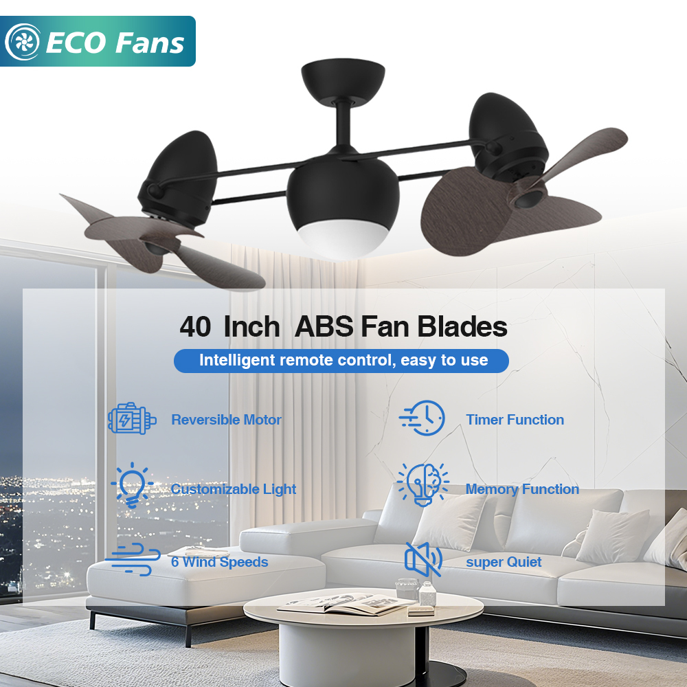 40 Inch Dual Head Black Ceiling Fan with Light, Remote Control Reversible Motor Quiet Ceiling Fan Lamp for Living Room & Bedroom