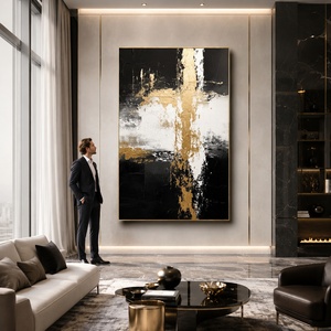 Peinture abstraite dorée et noire sur toile, grande taille, personnalisable, faite à la main, texture 3D, art mural minimaliste pour la décoration d'hôtels de luxe - Product Image 2