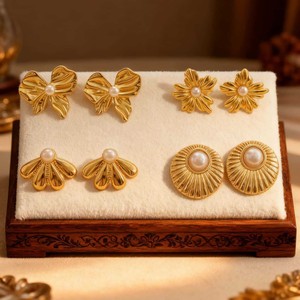 EH649 Orecchini a Perno in Acciaio Inossidabile con Pietre Intarsiate e Perle, Stile Vintage Trendy, Placcati in Oro, Ipoallergenici, <span class=keywords><strong>Gioielli</strong></span> da Donna - Product Image 2