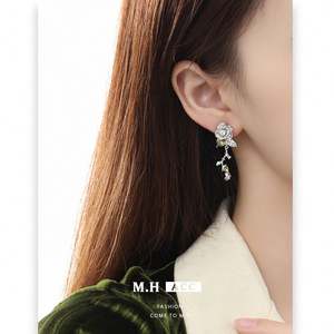 2024มาใหม่หรูหราไฮเอนด์ต่างหู925เงินเข็มสีเขียวกุหลาบใบไม้ต่างหูรักเพทายสำหรับฤดูใบไม้ร่วงฤดูหนาว - Product Image 1