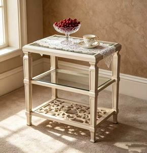 Cream <b>White</b> 3-Tier Glass Top End <b>Table</b> Living Room Accent Side <b>Table</b> with Lattice Shelf - Product Image 4