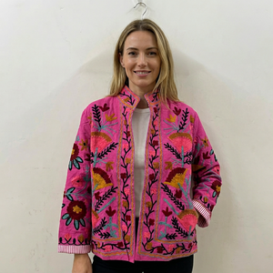 Blouson bomber réversible en velours tricoté brodé Suzani rose, style vintage hippie, automne-hiver, respirant, en nylon et laine - Product Image 3