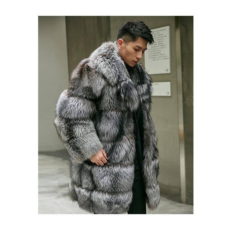 Men's 7XL Warm & Windproof Silver Fox Fur Coat - Luxury Plus Size