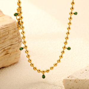 Collar de Moda con Colgante de Zirconia en Forma de Gota de Agua Verde, Chapado en Oro de 18K, Cadena de Bolas de Acero Inoxidable para Mujer - Product Image 5