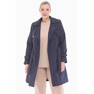 Vetre <b>Navy</b> Blue Double-Breasted <b>Trench</b> <b>Coat</b> With Belt For <b>Women</b> 95 cm Sizes 38-52 Waterproof Outerwear Daily Wear Made in Turkey - Product Image 3