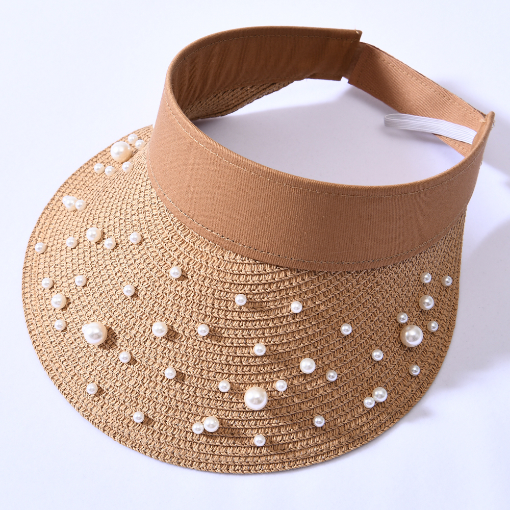 Шляпа женская Соломенная с жемчугом, элегантный солнцезащитный козырек с широкими полями, модная пляжная шапка для девушек, на лето
