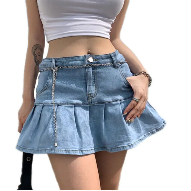 महिलाओं की जेई स्कर्ट y2k कैजुअल स्लिम-लाइन प्लेटेड रफ़ल शॉर्ट हाई कमर मिनी डेनिम स्कर्ट कपास बुना हुआ महिला लाइट वॉश जींस