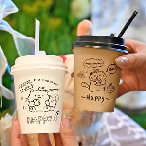 أكواب قهوة ورقية مخصصة قابلة للاسترداد بيضاء لطيفة بنمط القط بجدار واحد للاستعمال مرة واحدة - Product Image 1