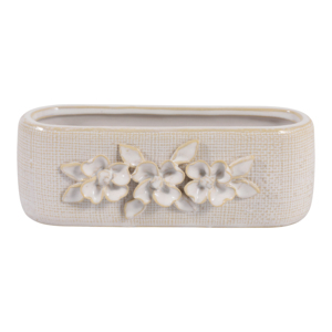 Vaso ovale in ceramica con applicazioni floreali per uso interno ed esterno - Product Image 1