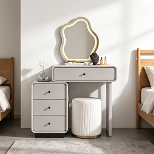 Ensemble de coiffeuse extensible gris clair avec miroir LED ondulé irrégulier, commode latérale, base verticale cannelée dorée et tabouret pour chambre à coucher - Product Image 2