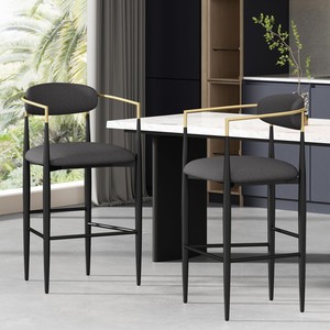 Ensemble de 2 tabourets de bar modernes pour hôtel, rembourrés avec dossier en tissu beige, pieds en bois naturel et fer, meubles commerciaux robustes - Product Image 4