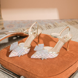 8188C-156 Women Heeled <b>Sandals</b> Pointed Toe Stiletto High Heel Plaids <b>Bow</b> Fashion Trend Back Strap Microfiber Leather - Product Image 1