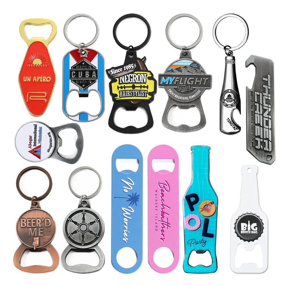 Biểu tượng tùy chỉnh gang kẽm hợp kim thanh lưỡi kim loại bia soda mở decapsuleur Keychain tùy chỉnh mở chai