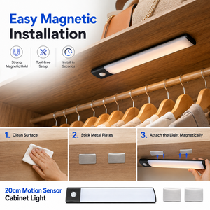 Cabinet <b>Light</b> <b>LED</b> 20cm <b>Motion</b> <b>Sensor</b> Stepless Dimming Rechargeable Magnetic Installation 3 Color Temperatures Touch Switch - Product Image 4