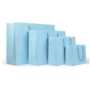 Factory price wholesale Luxury custom printing design bulk light blue shopping paper gift bag with handle