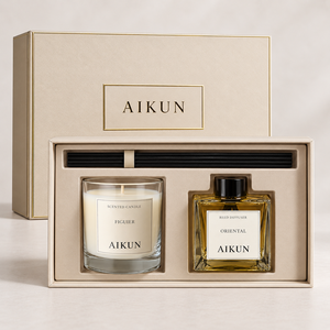 Ensemble cadeau de bougie parfumée et diffuseur à bâtonnets en verre coordonnés avec logo personnalisé Aikun, emballage en boîte de marque pour cadeaux d'entreprise - Product Image 2