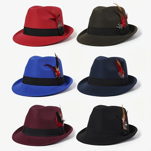 Sombrero Fedora de Fieltro de Lana, Color Sólido, Parte Superior en Forma de Campana con Decoración de Plumas, Estilo Artístico Retro, Sombrero de Caballero para Fiesta - Product Image 3