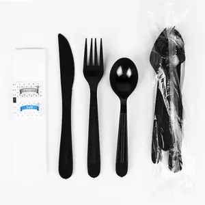 Plastic Black Cutlery Disposable Utensils Cutlery Set Fork Knife Spoon Napkin