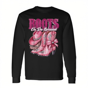Camiseta de manga larga estilo vaquero con diseño de botas a cuadros rosas de Boots On Da Ground - Product Image 2