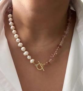 Collar de Perlas de Agua Dulce, Joyería de Piedra Natural, Cadena de Clavícula de Acero Inoxidable Chapada en Oro con Cuentas de Concha - Product Image 3